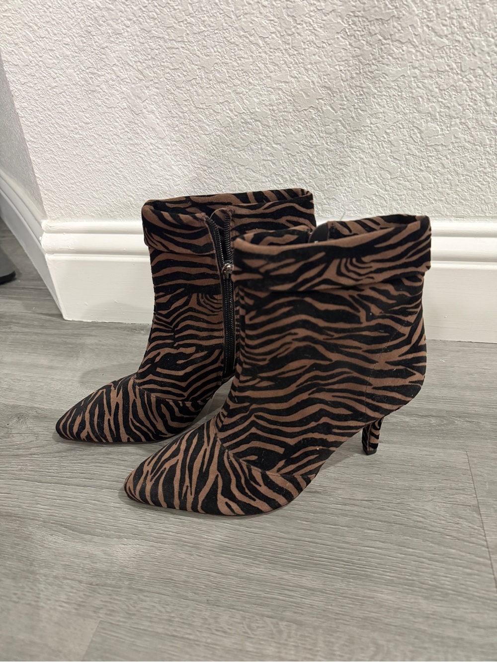 Vince Camuto Brown and Black Zebra-Print Pointed Ankle Booties
